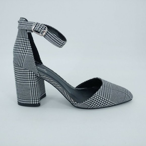 Qupid Womens Mariko-18‎ Pump Herringbone Ankle Strap Block Heels Black - Picture 1 of 9